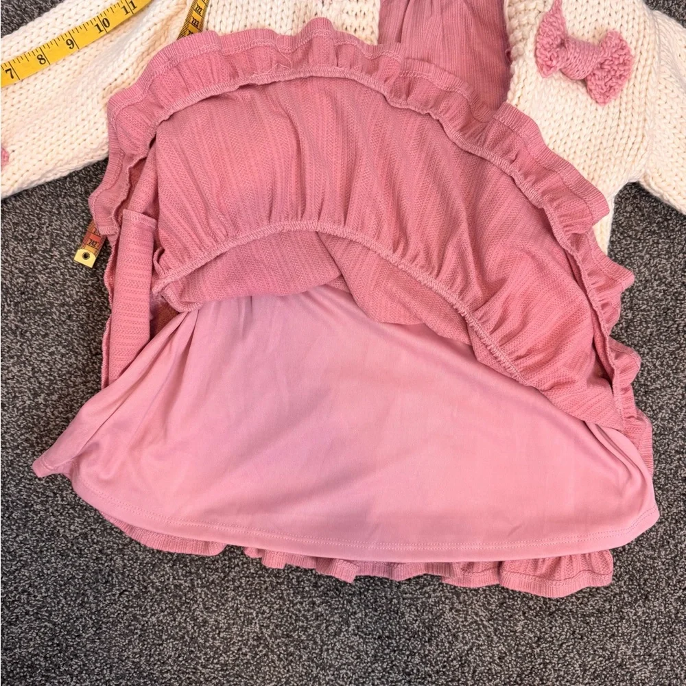 Kids Cream Chucky Cardigan with Pink Bows and Mauve Dress 2Piece Set size 5 NWTS